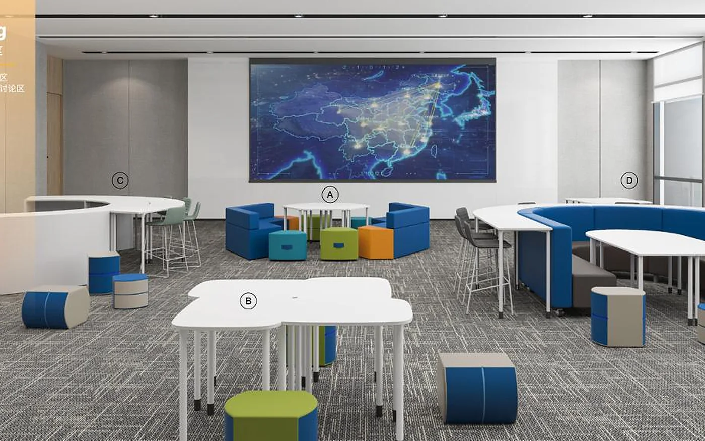 aula flexible con mesas móviles y asientos de color