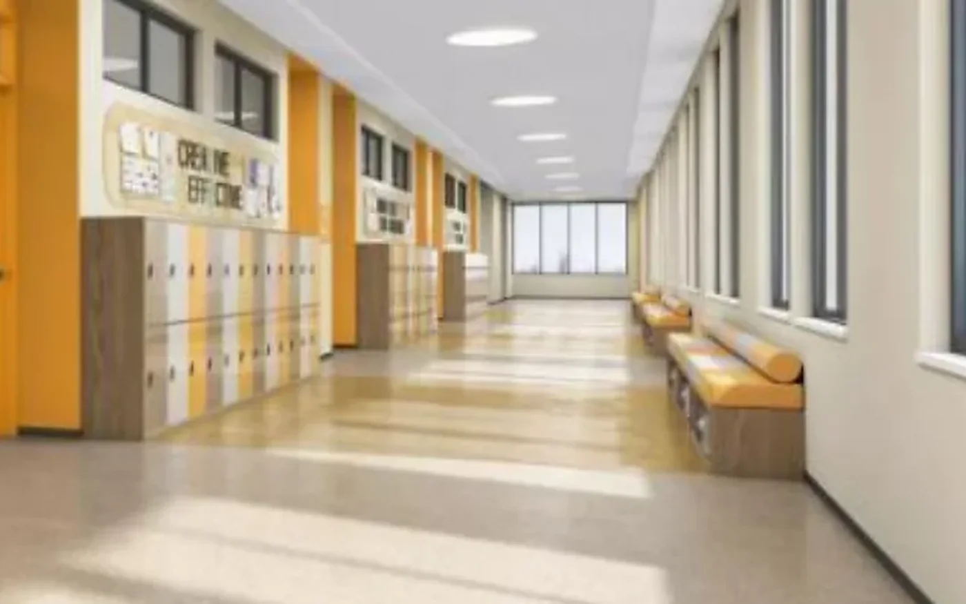 área informal escolar con lockers y banca de lectura