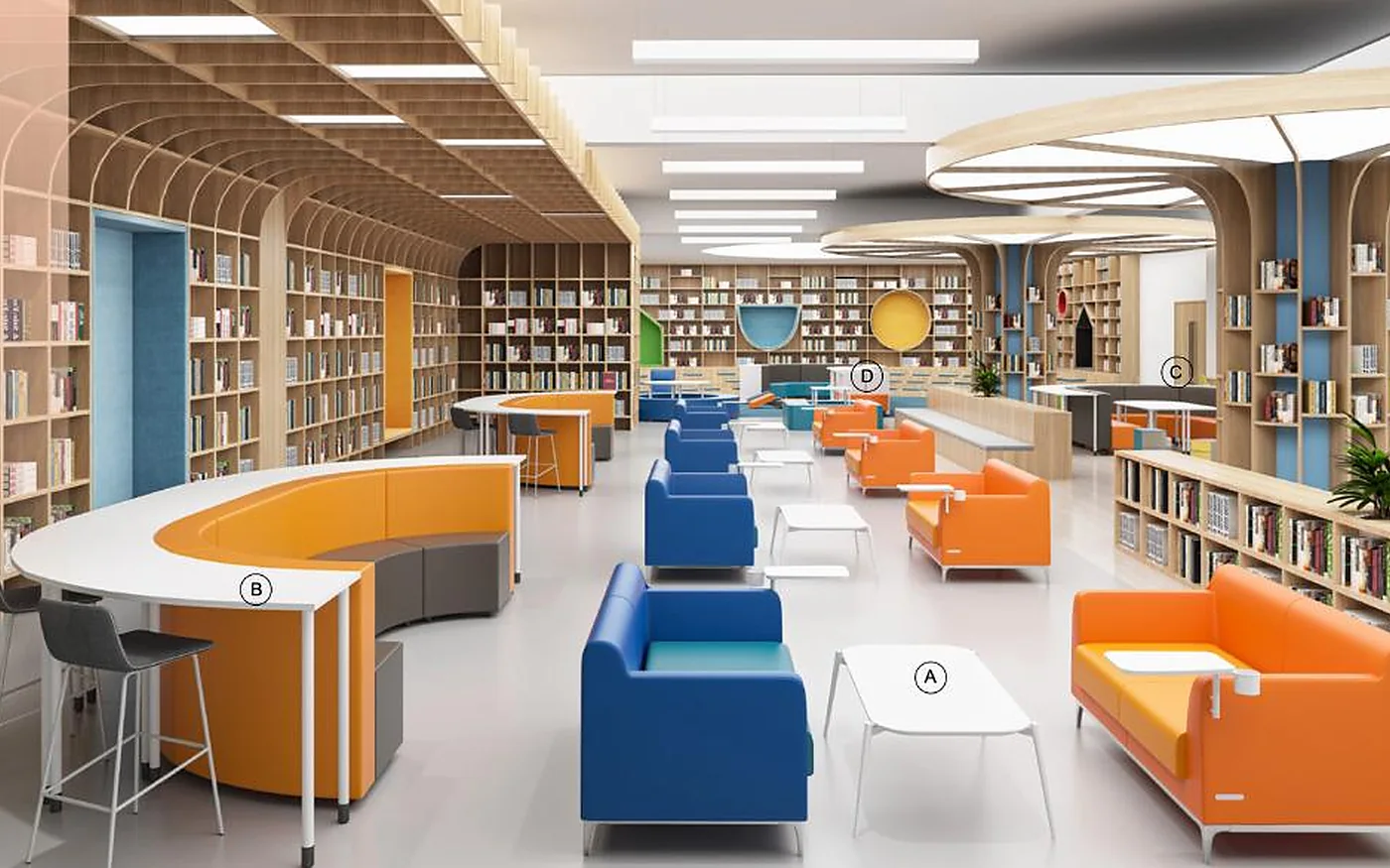 biblioteca escolar con mesas, estanterías y asientos de lectura