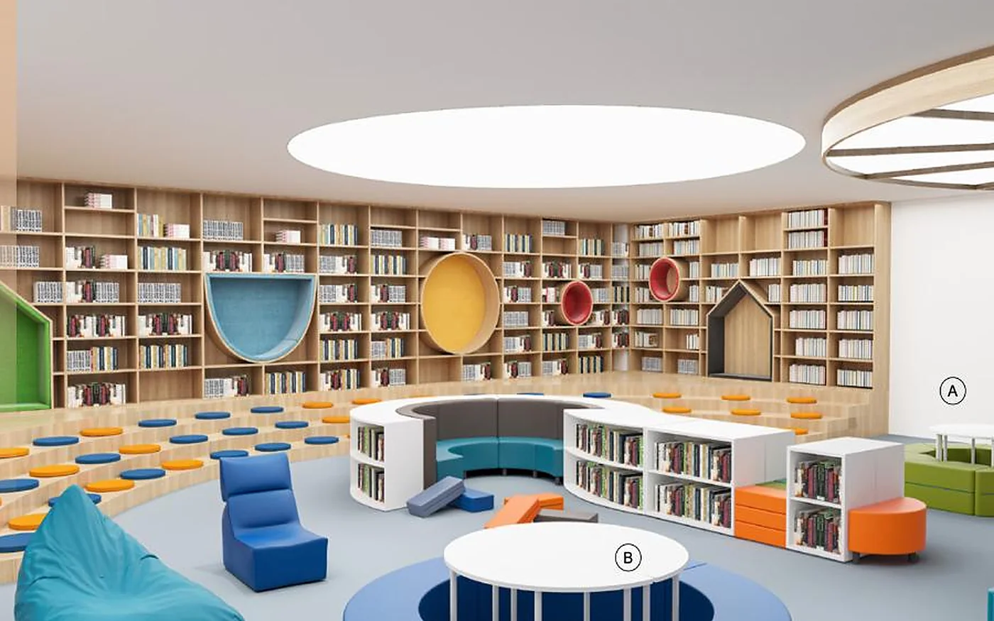 biblioteca infantil con estantes, mesas y soft seating