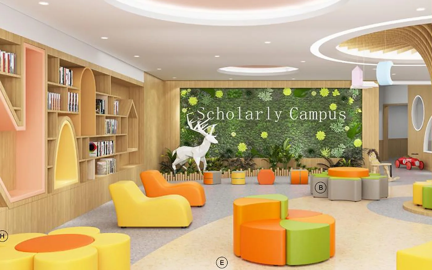 aula infantil con sofás bajos, estantes y mesas de actividad