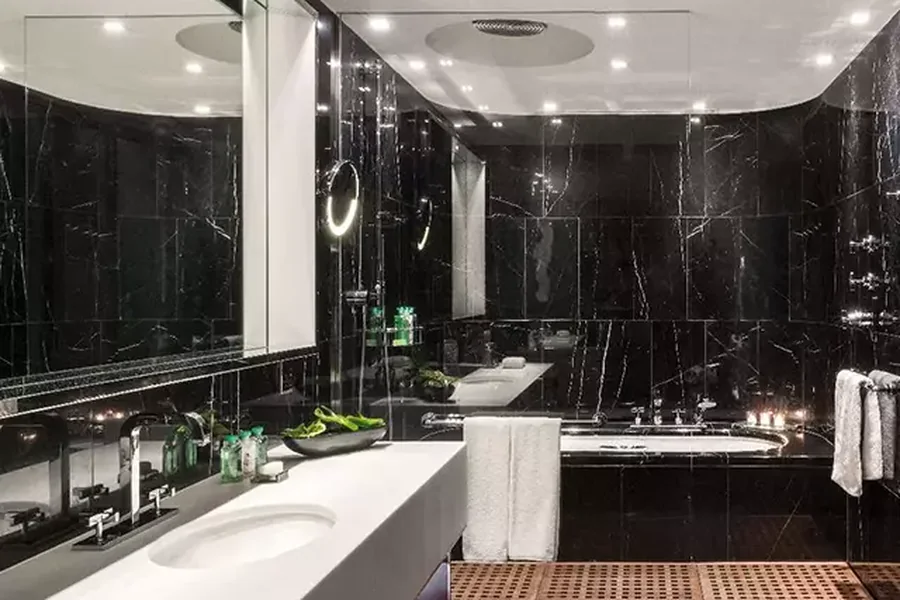 baño premium de hotel con lavabo y almacenamiento
