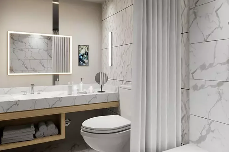 conjunto de lavabo espejo y repisas para baño hotelero