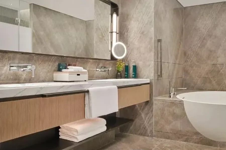 baño de suite con mobiliario de apoyo para hotel