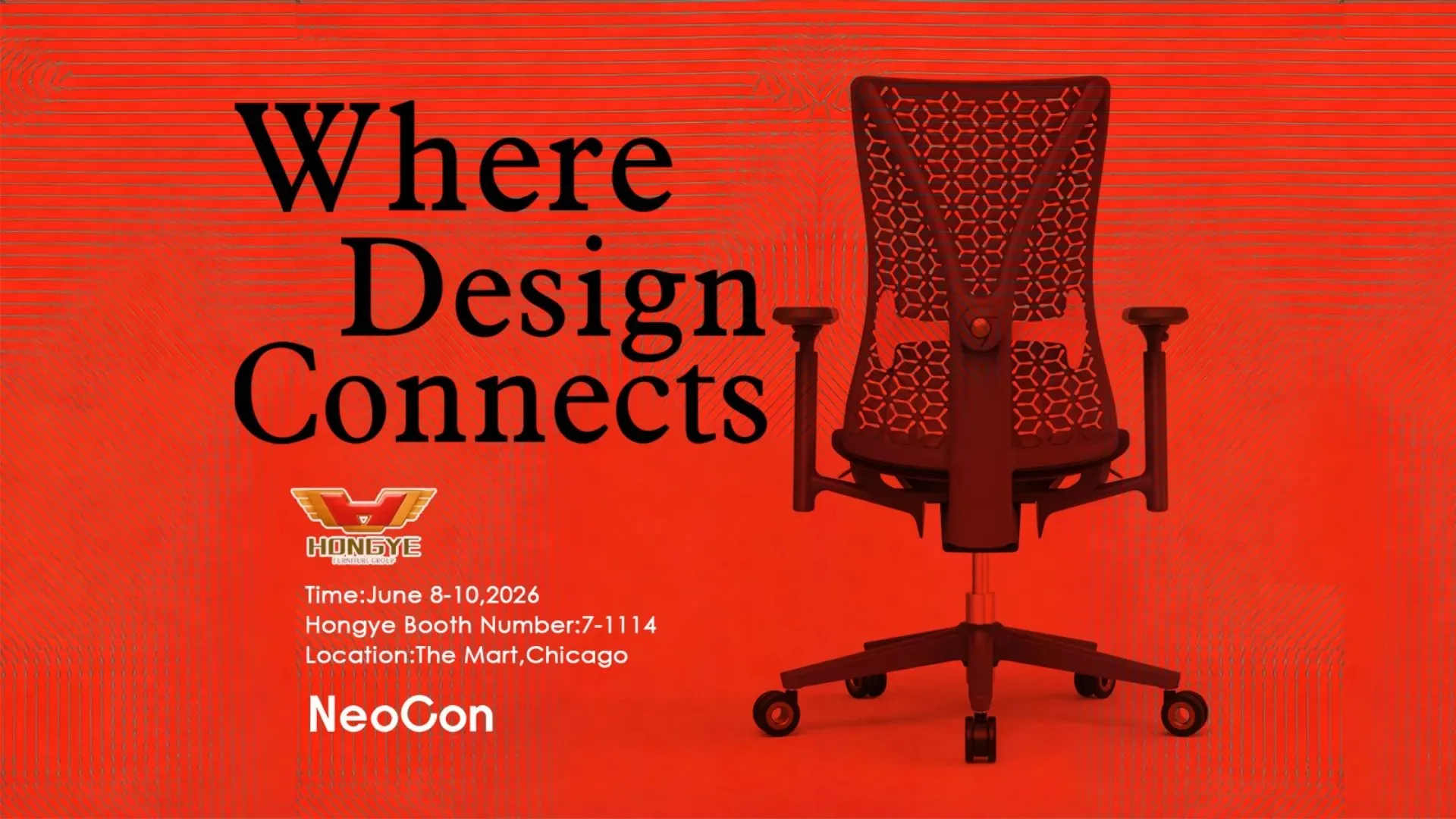 Silla ergonómica de malla de diseño contemporáneo exhibida en NeoCon Chicago 2026 por Hongye Furniture Group - HYMUEBLE
