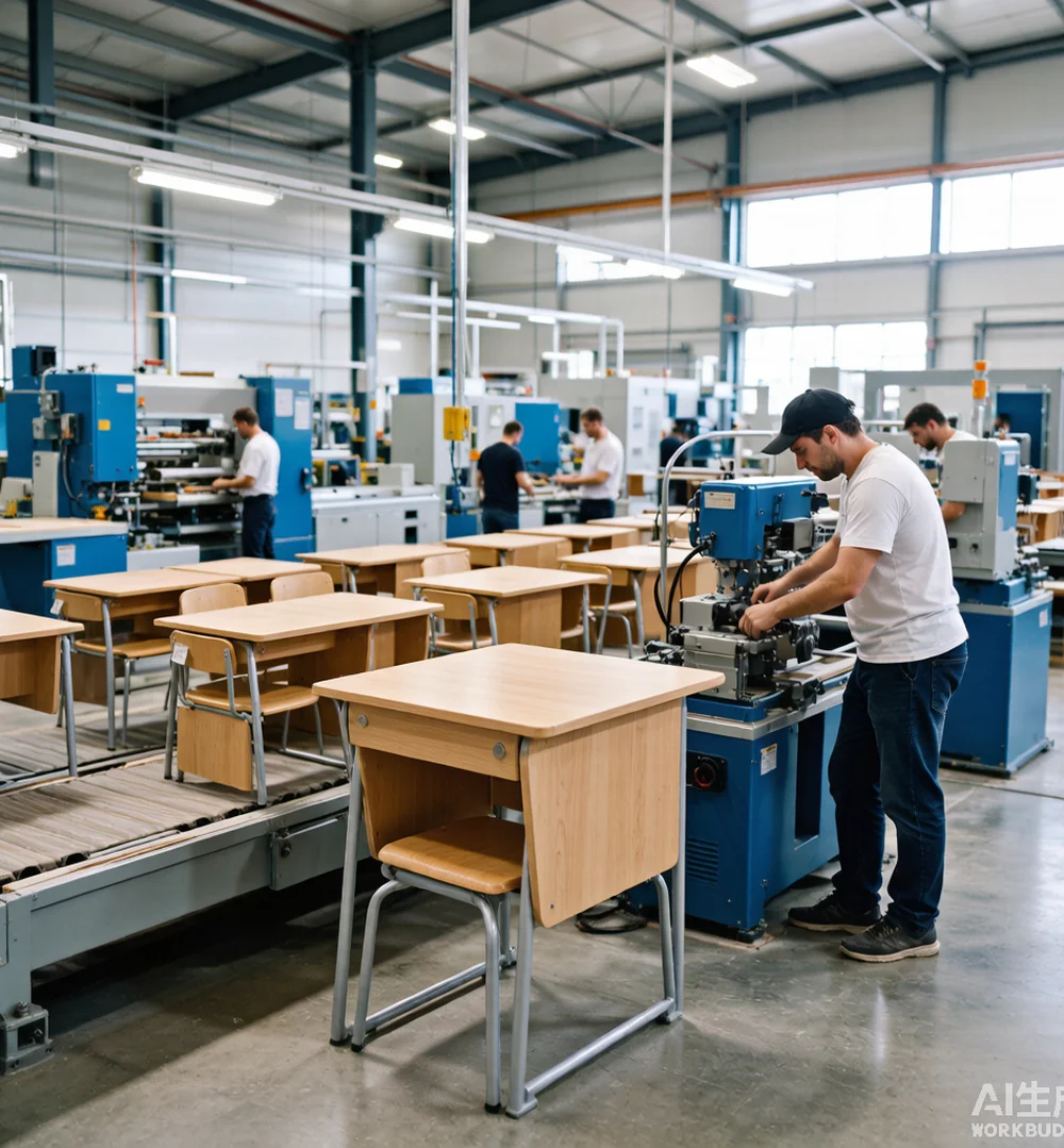 Planta de producción de Hongye Furniture Group en Foshan: línea de mobiliario escolar
