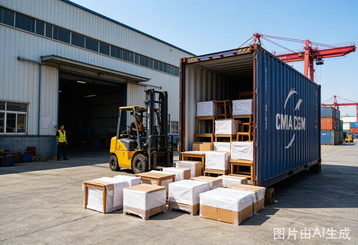 Contenedor marítimo cargado con muebles comerciales listos para exportación desde fábrica de Hongye Furniture Group en China hacia América Latina