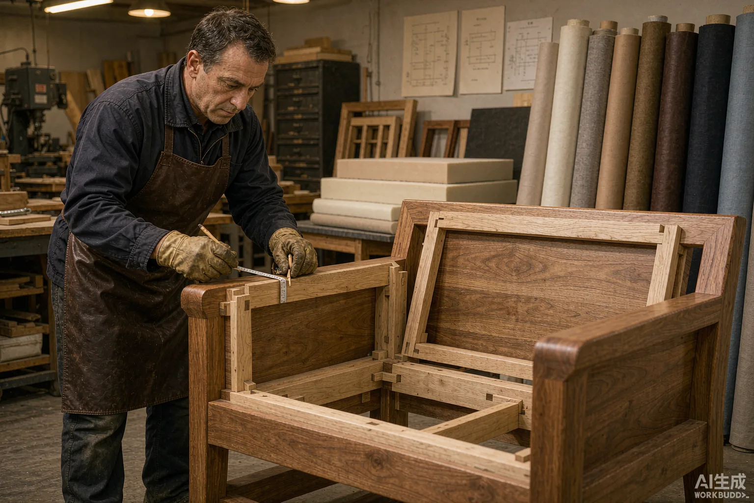 Artesano inspeccionando un bastidor de sofá de madera dura con ensambles de espiga en taller de tapicería