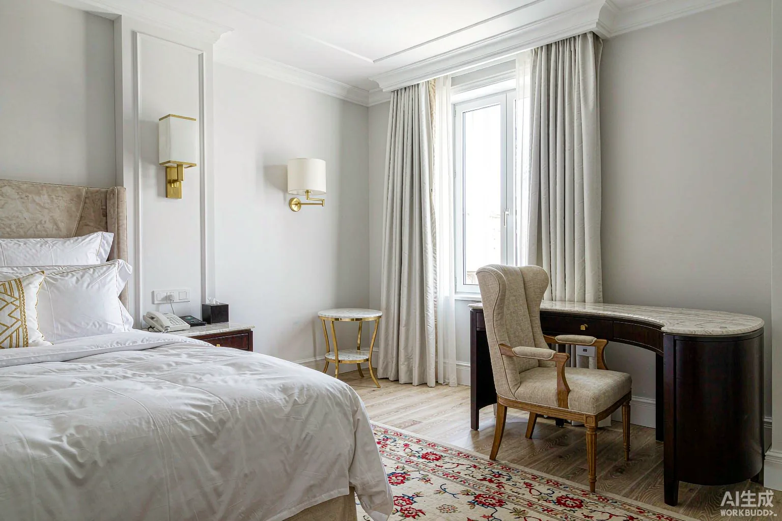 Habitación de hotel superior amueblada con casegoods, sillón tapizado y cabecero tras instalación FF&E