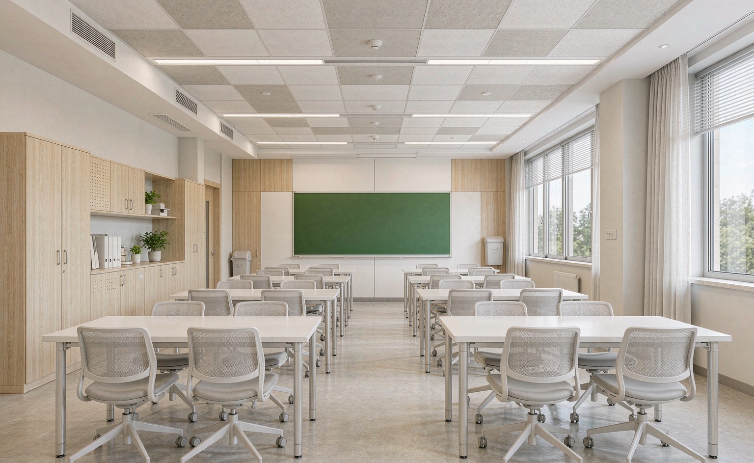 Aula de secundaria con mesas blancas regulables, sillas de malla y almacenamiento de roble claro.