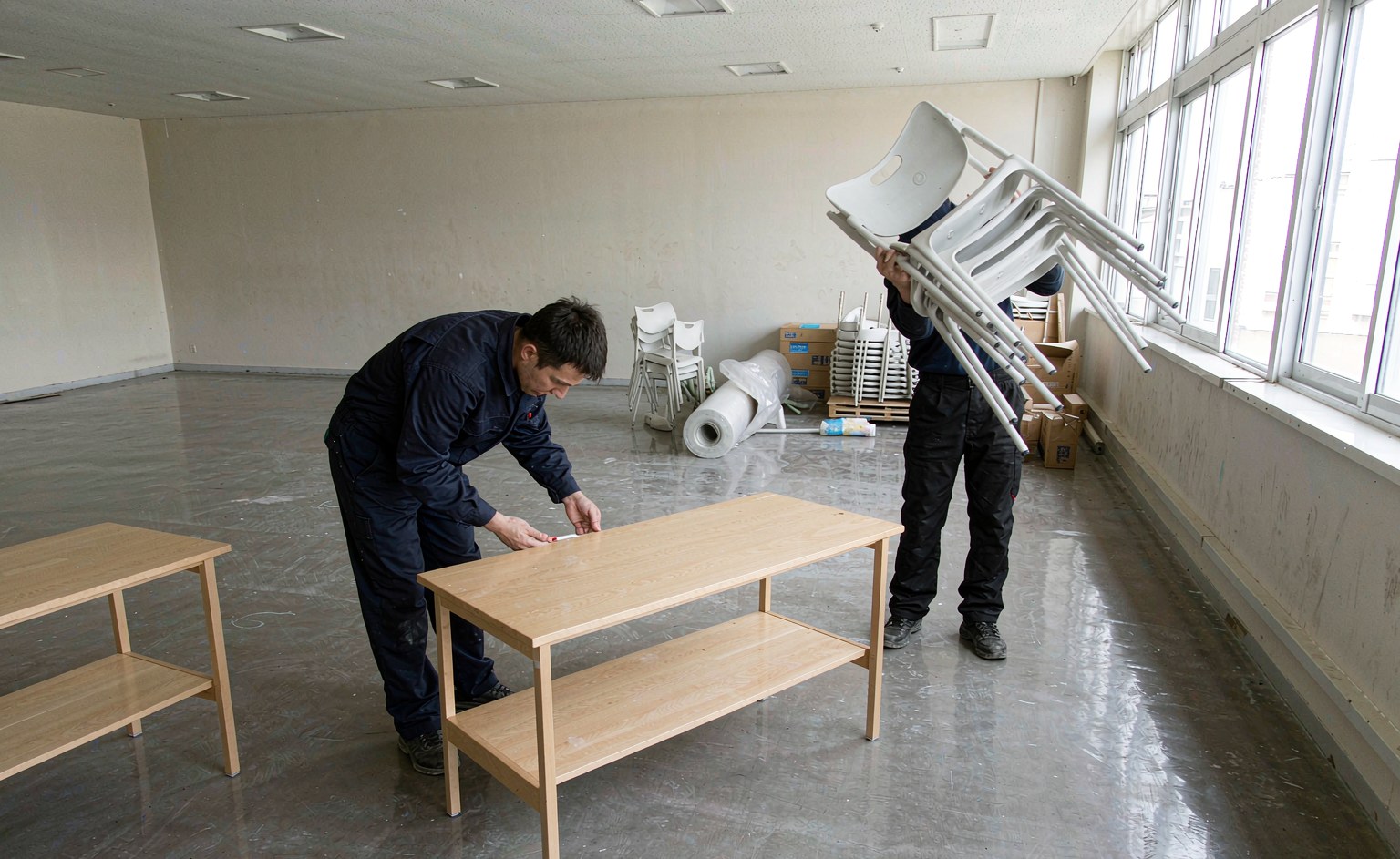 Equipo de instalación montando mesas y sillas escolares en un aula vacía de un colegio nuevo.