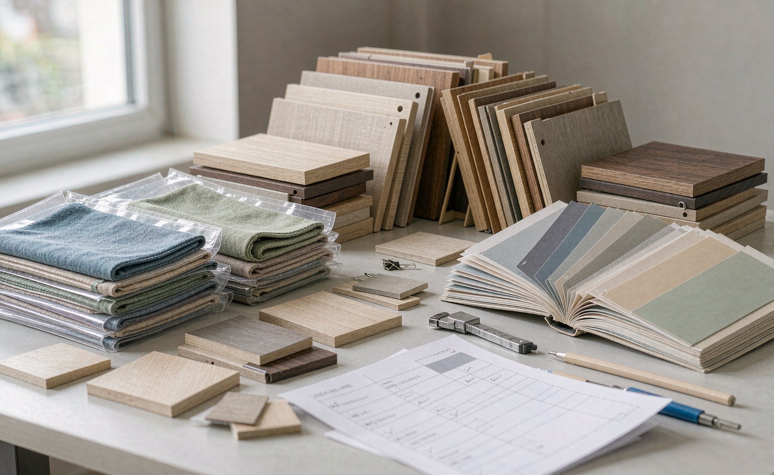 Muestras de chapas de madera y de tejido junto a documentos de la lista corta y una carpeta de itinerario sobre la mesa de preparación.