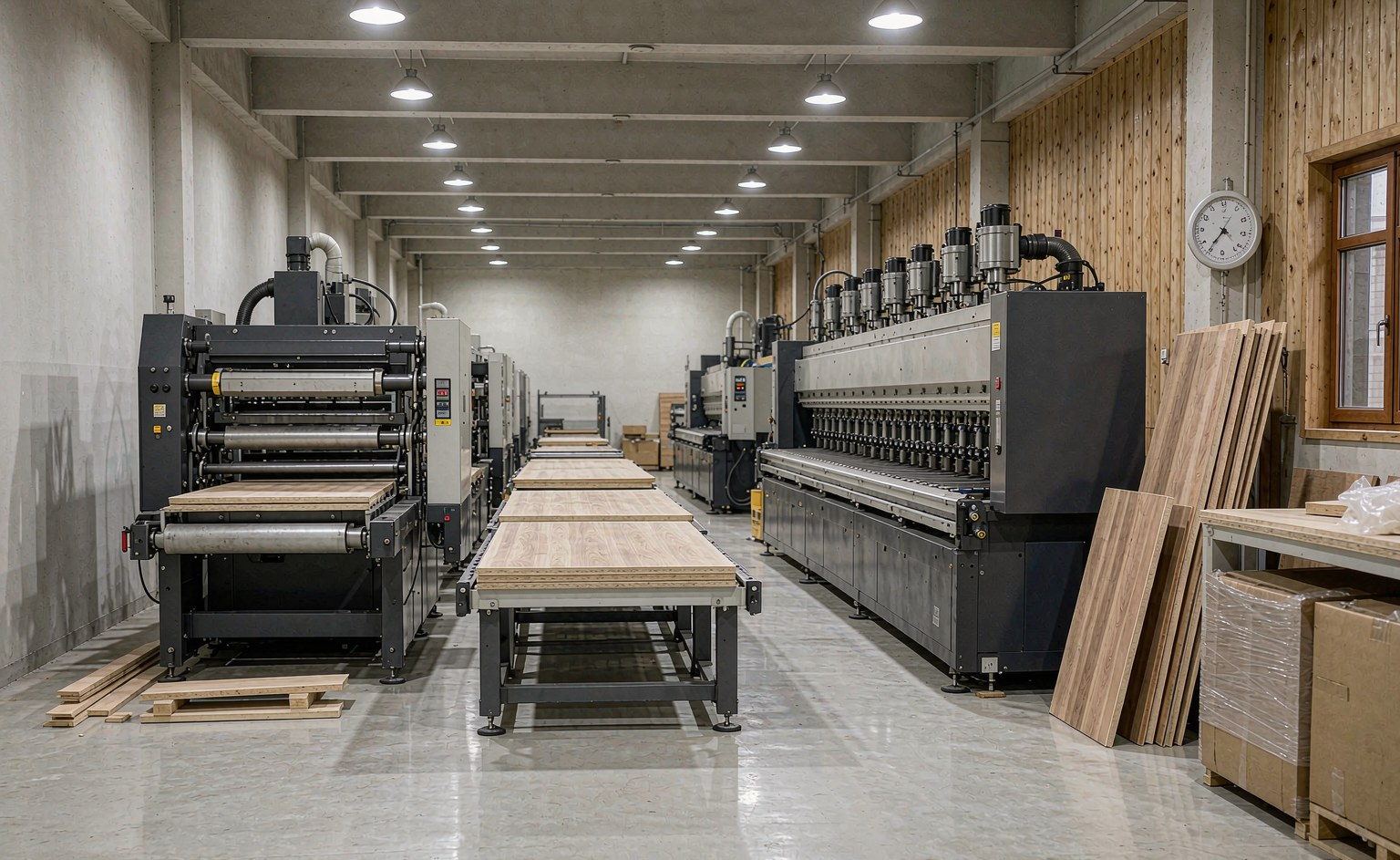 Línea de mecanizado con tableros sobre rodillos y zona de embalaje con cajas de madera en una planta de muebles