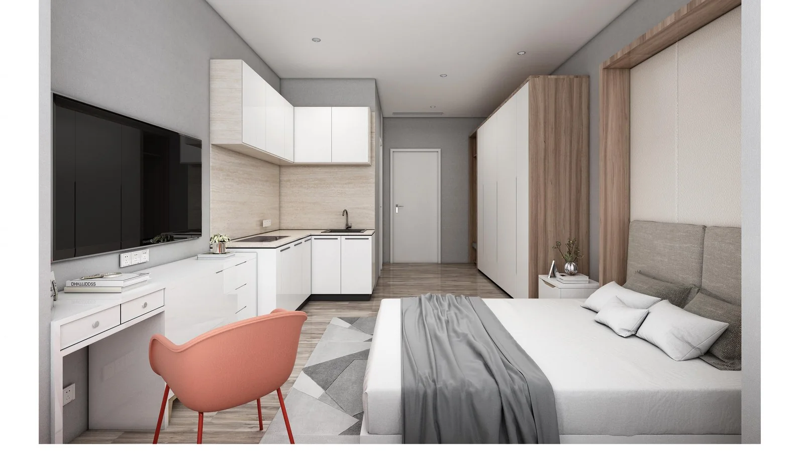 Cama con cabecero gris, armario de madera clara y zona de office en suite hotelera.
