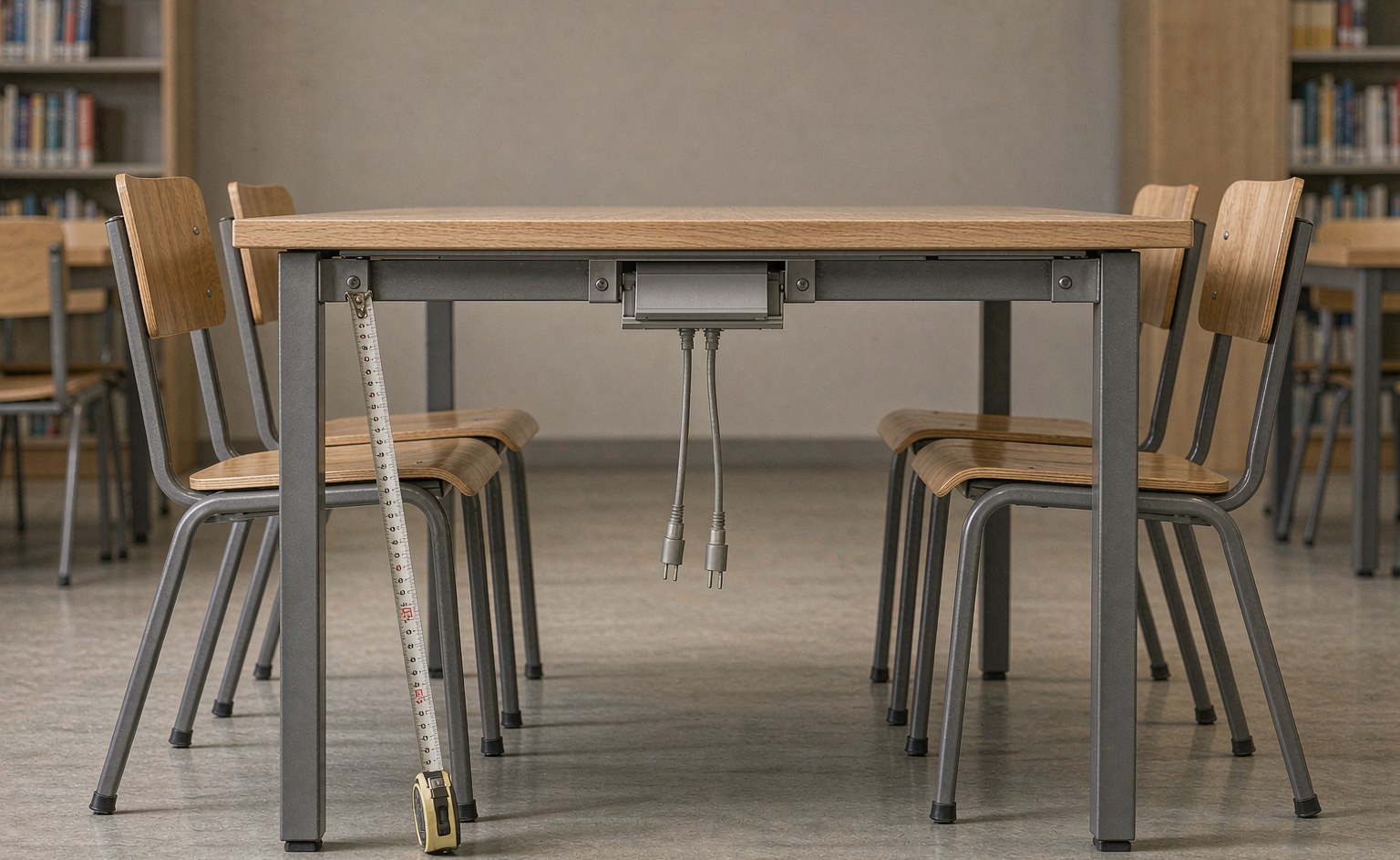 Mesa de lectura de biblioteca con sillas y módulo de energía y datos bajo el tablero, con una cinta métrica en la pata
