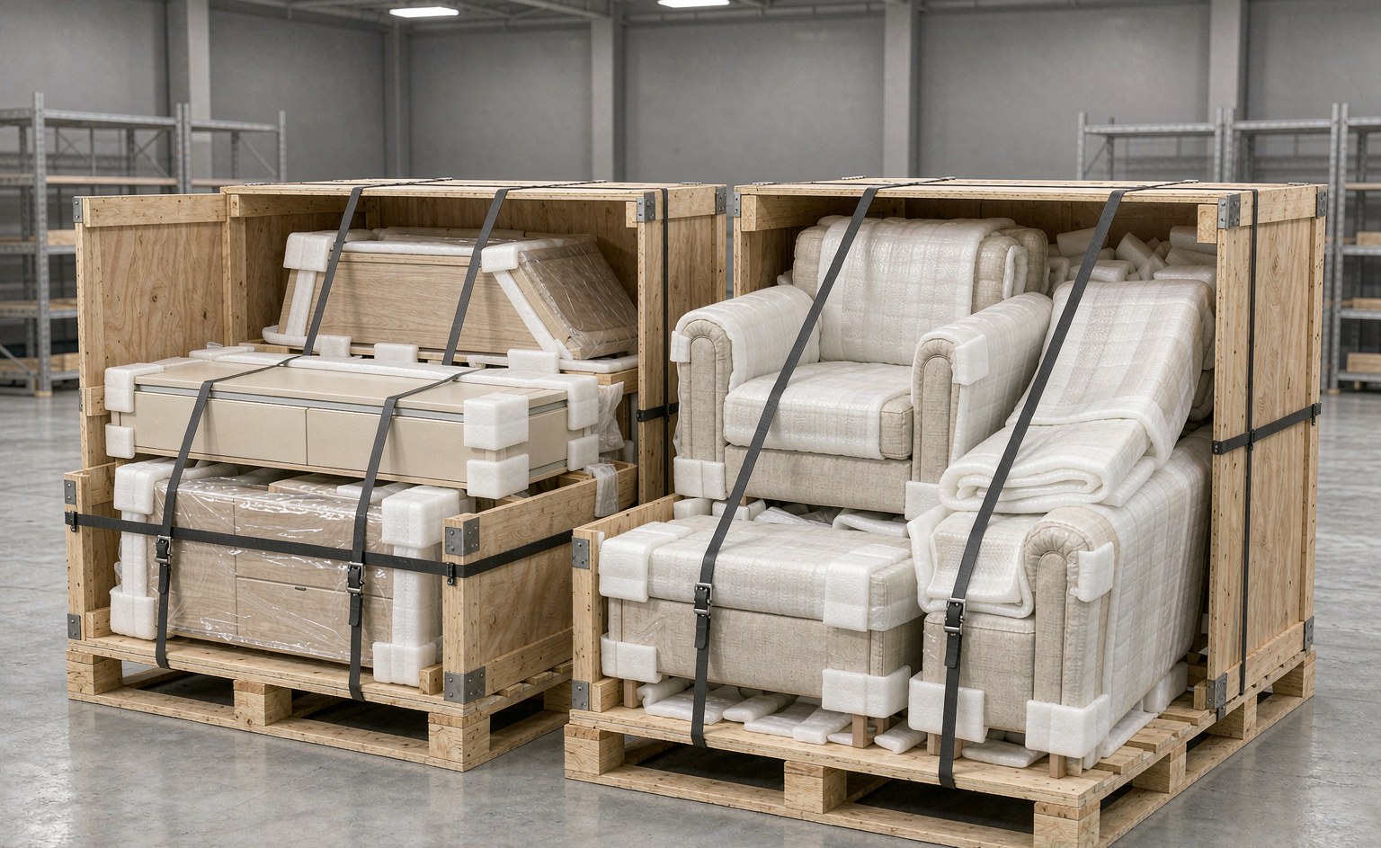 Piezas de mobiliario de hotel embaladas con esquineras y protección de madera para exportación.
