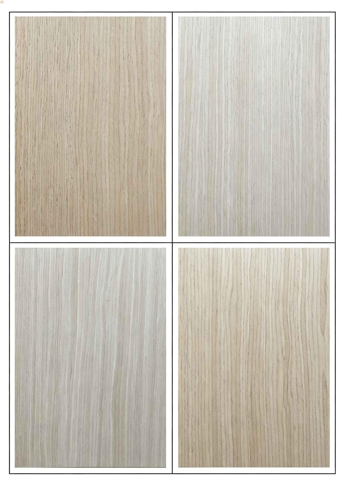 Tablero de muestras de acabados de chapa de madera en distintos tonos de roble.