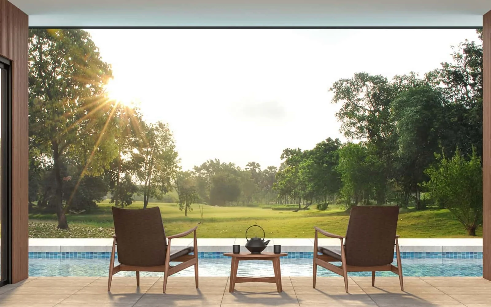 lounge exterior junto a piscina residencial