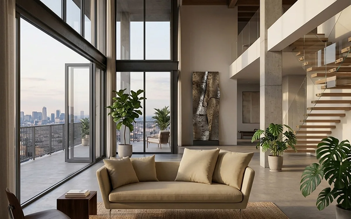 sala abierta con escalera y ventanal para villa