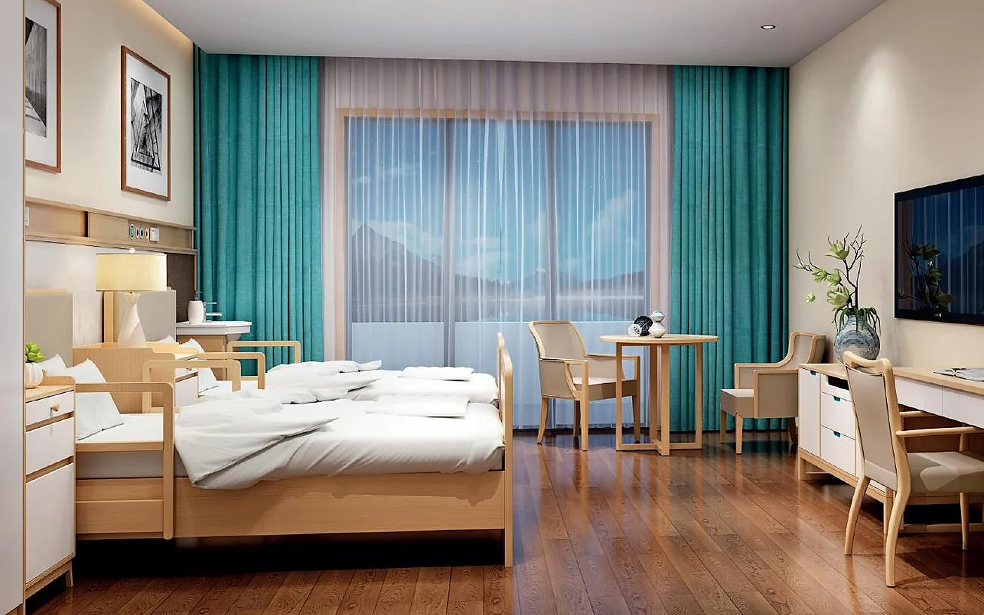 habitación de cuidado prolongado con cama, silla y mobiliario de apoyo