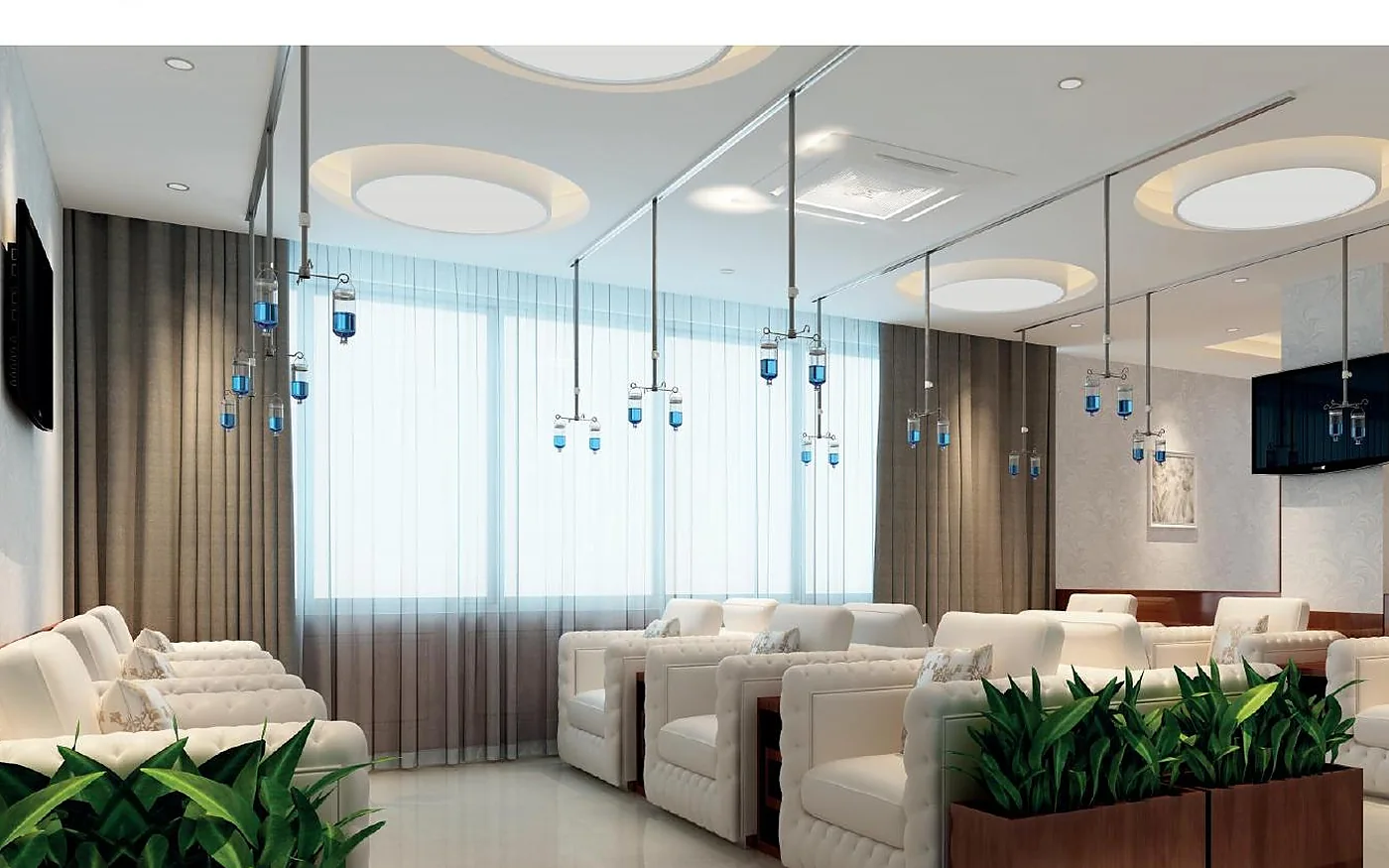 sala de cuidado con cama y zona de estar para residencia de salud