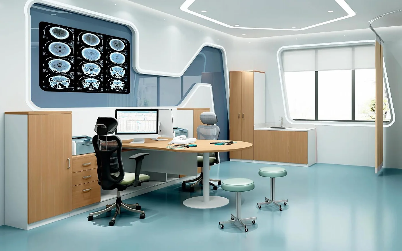 sala técnica médica con mesa y soporte de monitoreo