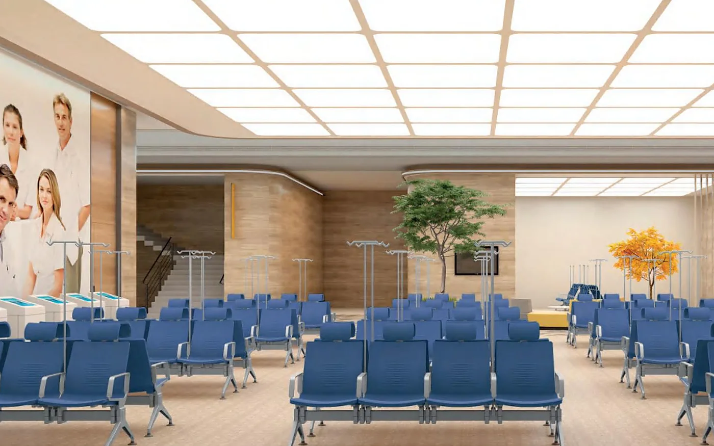 sala de espera médica con asientos por fila