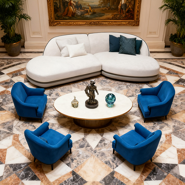 Sofá curvo para lobby de hotel con mesa de centro a juego